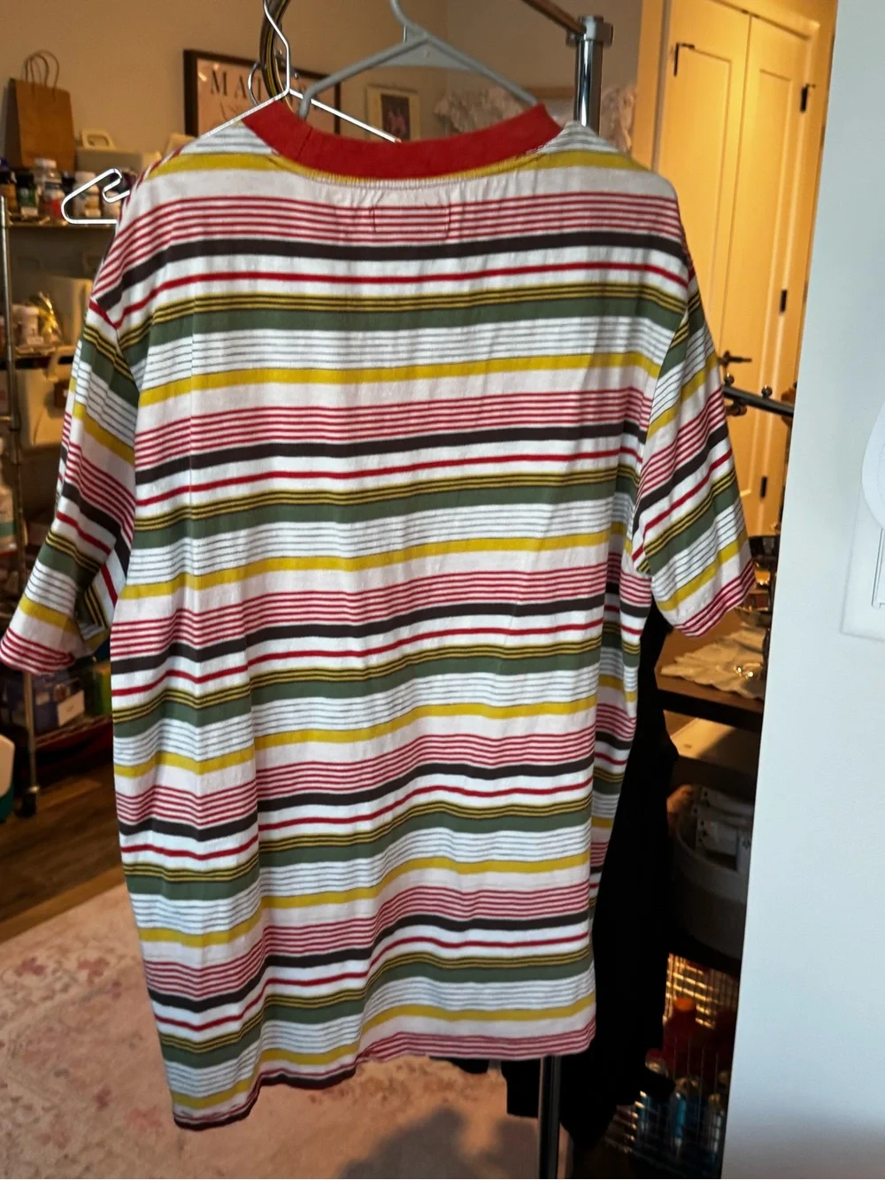 Vintage Guess Striped Logo Tee in Red, Olive & Yellow - Picture 4 of 4
